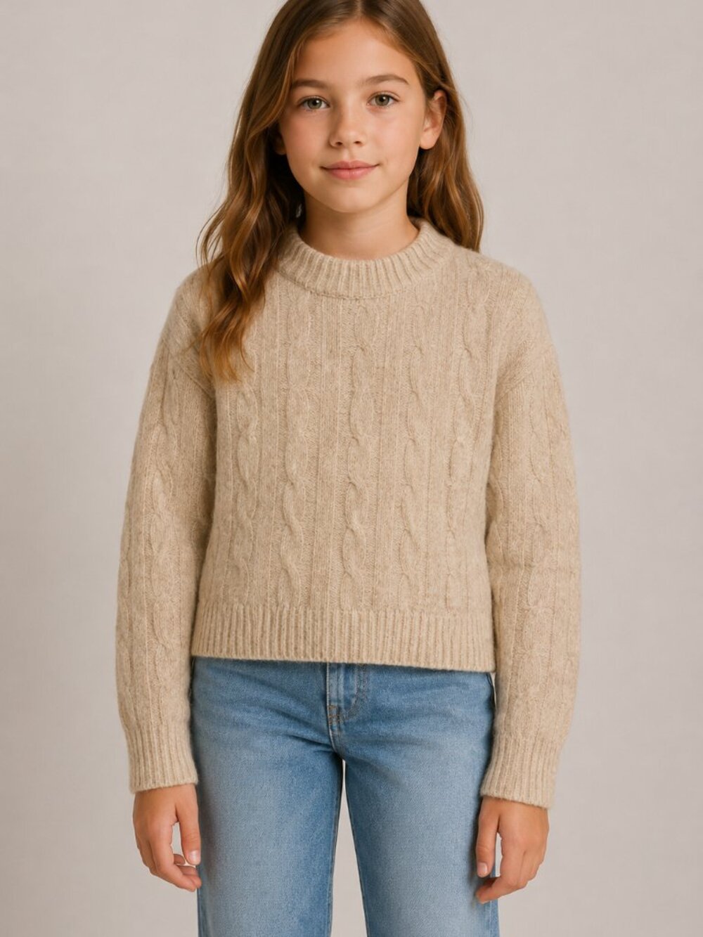 Crewcuts Girls 5T Cable Knit Sweater Tan Beige Crewneck Long Sleeve